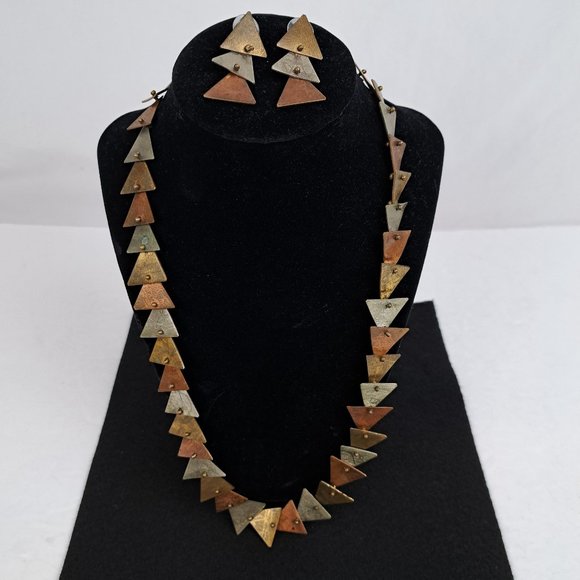 Vintage Mixed Metal Necklace & Earrings Triangle Shape Metal Pieces - Picture 2 of 16